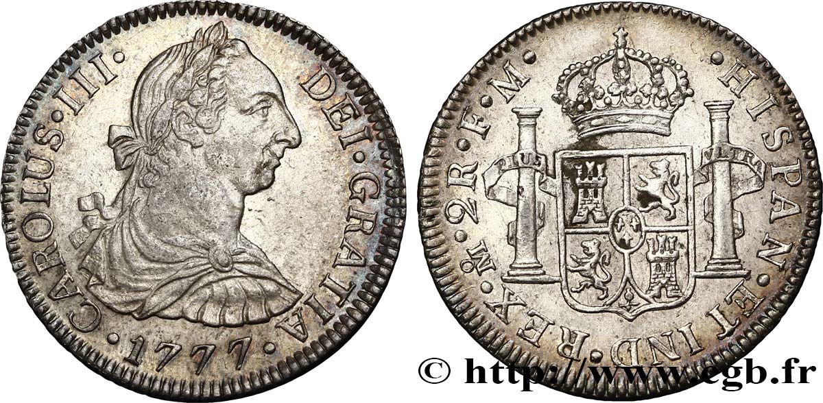 MEXIQUE 2 Reales Charles III tête laurée  / écu aux colonnes 1777 Mexico TTB+ 