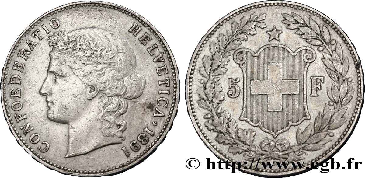 SWITZERLAND 5 Francs Helvetia buste 1891 Berne XF 