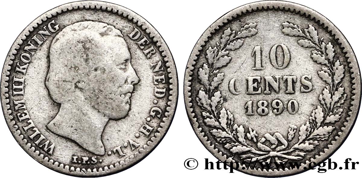 NETHERLANDS 10 Cents Guillaume III 1890 Utrecht VF 