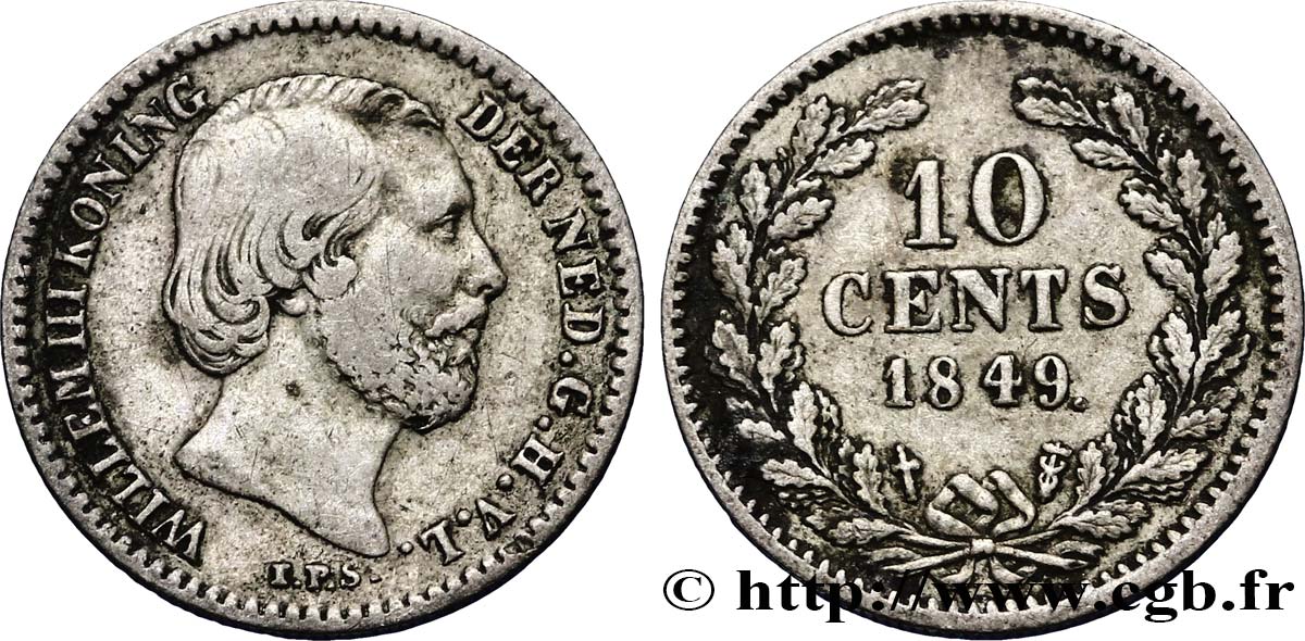 NETHERLANDS 10 Cents Guillaume III 1849 Utrecht VF 