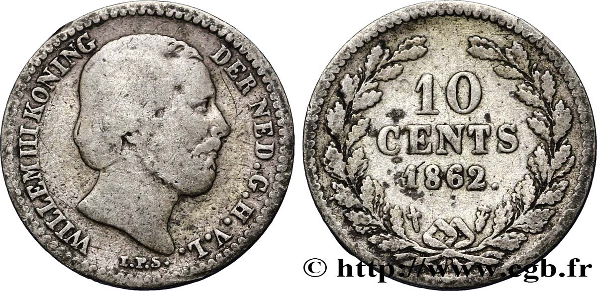 NETHERLANDS 10 Cents Guillaume III 1862 Utrecht VF 