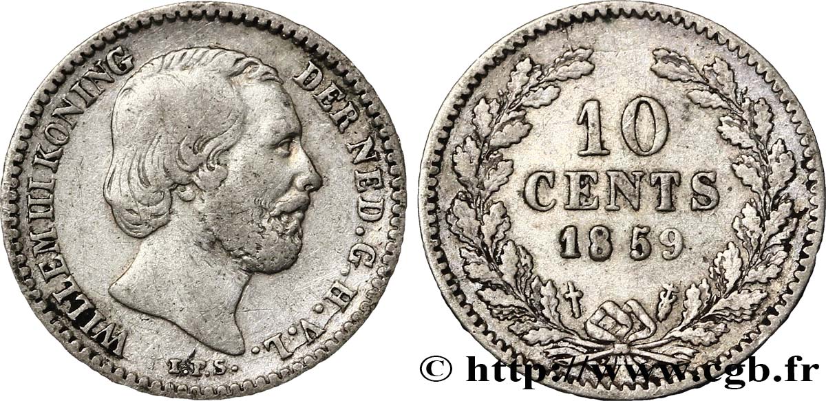 PAYS-BAS 10 Cents Guillaume III 1859 Utrecht TB+ 