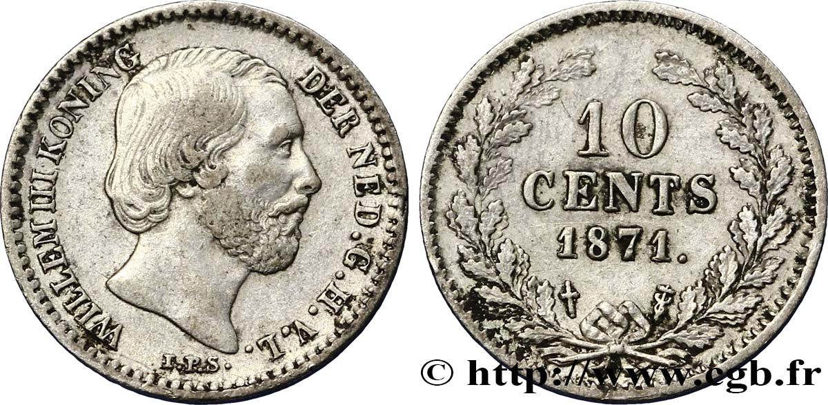 PAYS-BAS 10 Cents Guillaume III 1871 Utrecht TTB 
