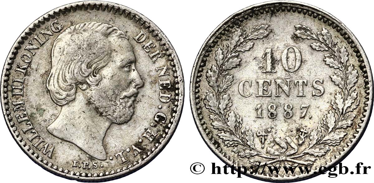 NETHERLANDS 10 Cents Guillaume III 1887 Utrecht XF 