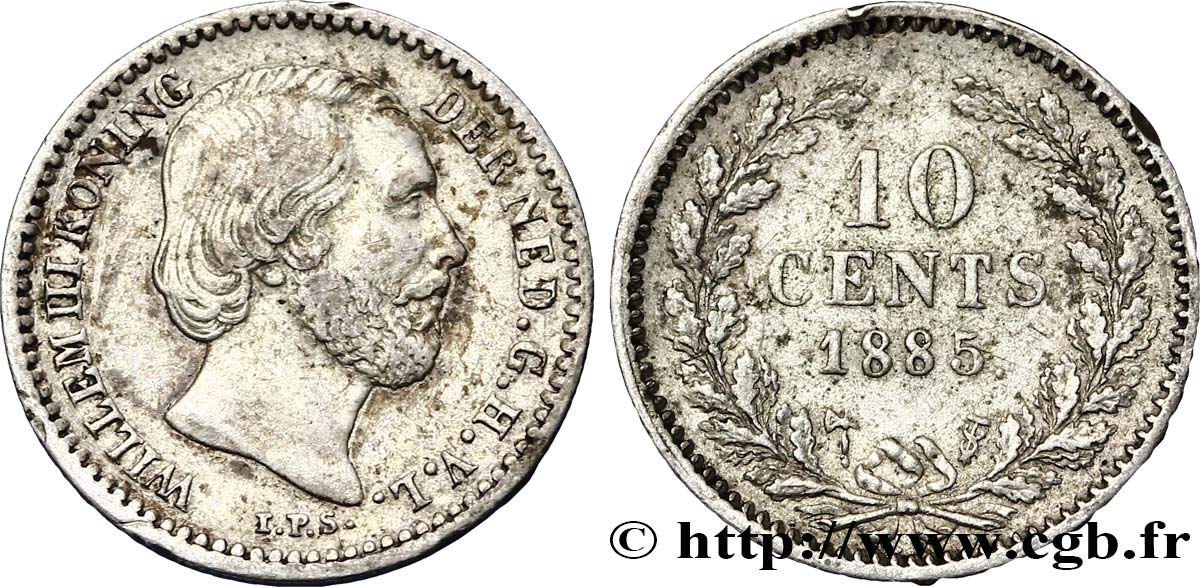 NETHERLANDS 10 Cents Guillaume III 1885 Utrecht XF 