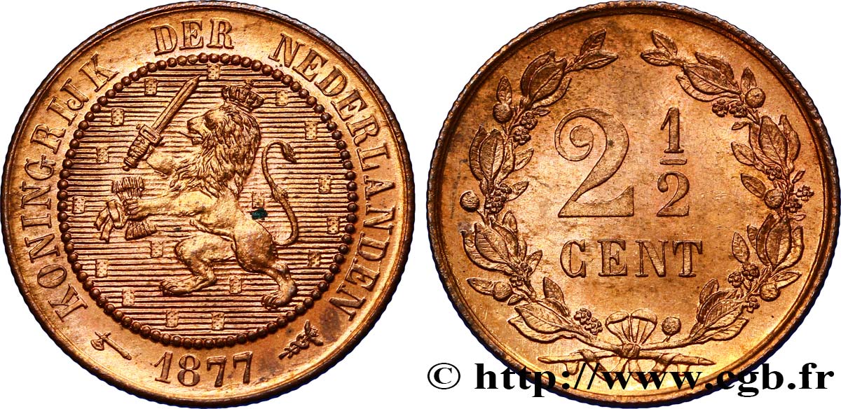 PAYS-BAS 2 1/2 Cents lion couronné 1877 Utrecht SPL 