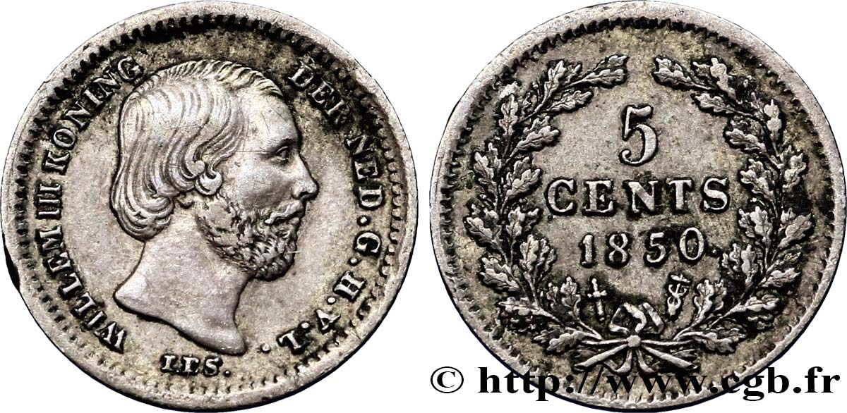 NETHERLANDS 5 Cents Guillaume III 1850 Utrecht XF 