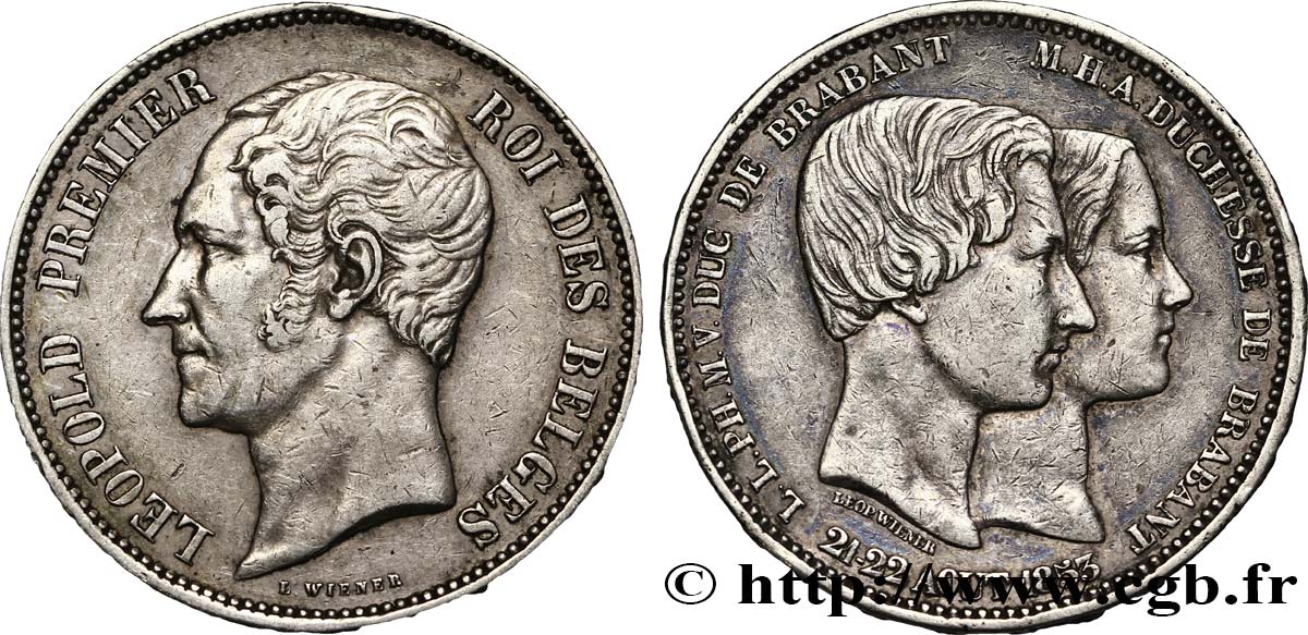 BELGIEN 5 Francs mariage du Duc et de la Duchesse de Brabant 1853  fVZ 