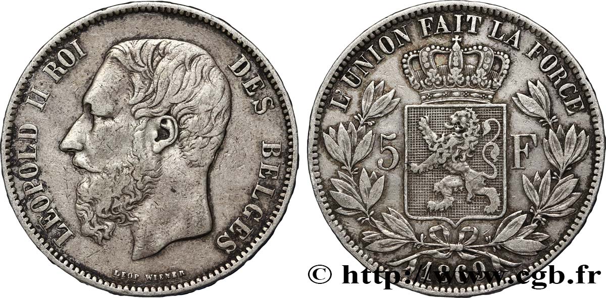 BELGIEN 5 Francs Léopold II tranche A 1869  fSS 
