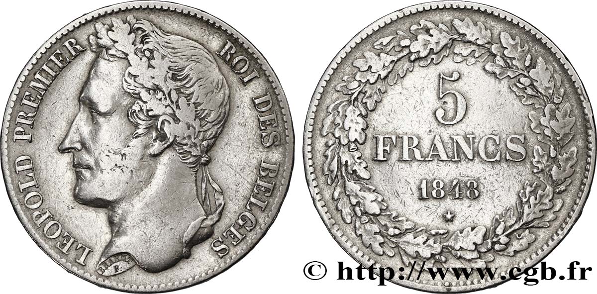 BELGIEN 5 Francs Léopold Ier tête laurée 1848  fSS 