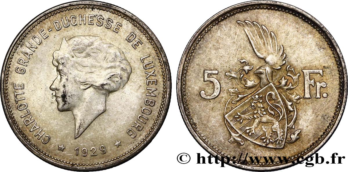 LUXEMBOURG 5 Francs Grande-Duchesse Charlotte 1929  TTB+ 