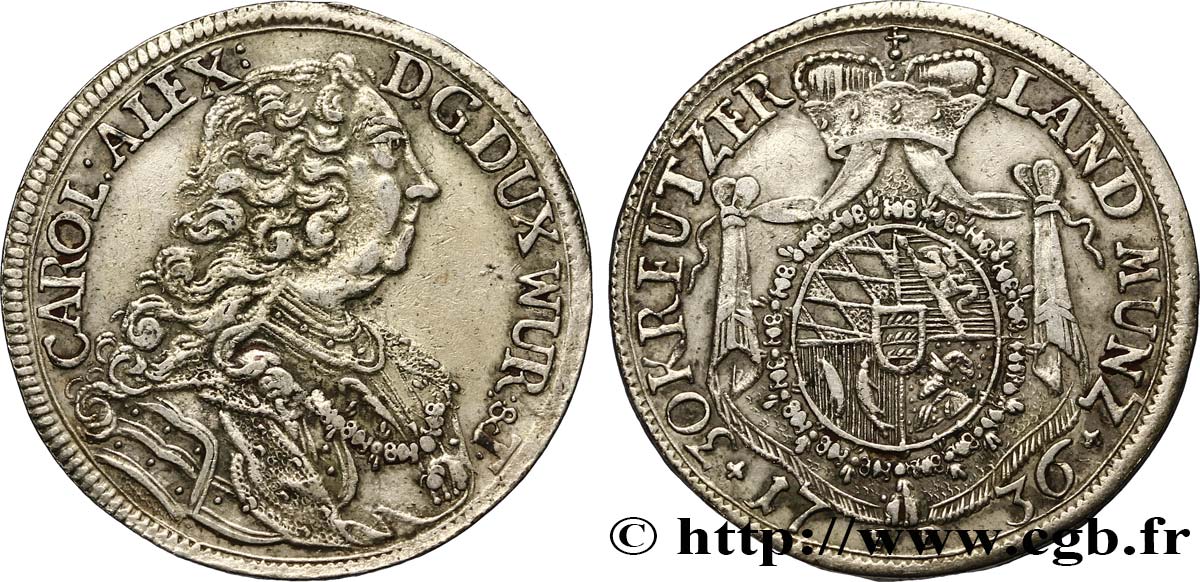GERMANIA - WÜRTEMBERG 30 Kreuzer (1/2 Gulden ou1/3 Thaler 1736 Stuttgart BB 
