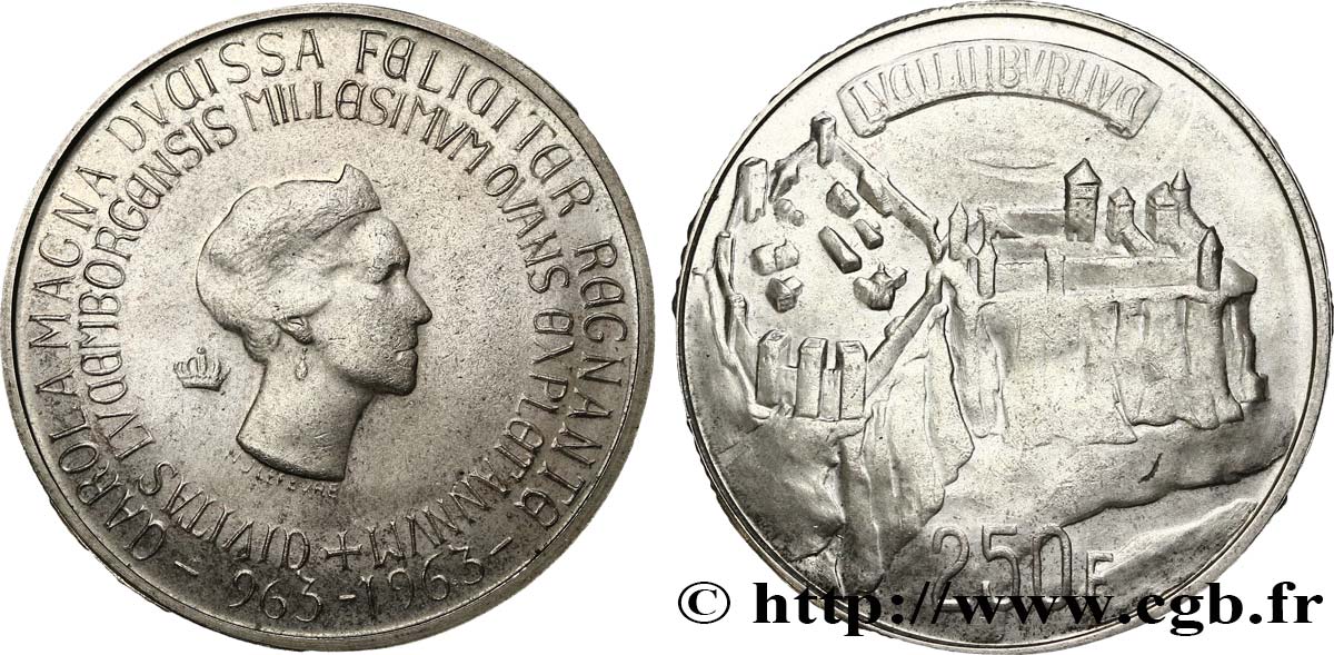 LUXEMBURG 250 Francs millénaire de Luxembourg 1963  VZ 