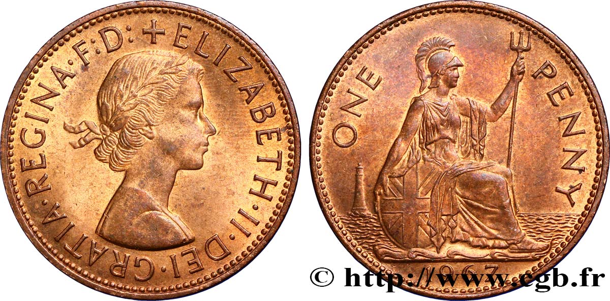 VEREINIGTEN KÖNIGREICH 1 Penny Elisabeth II/ Britannia 1967  VZ 