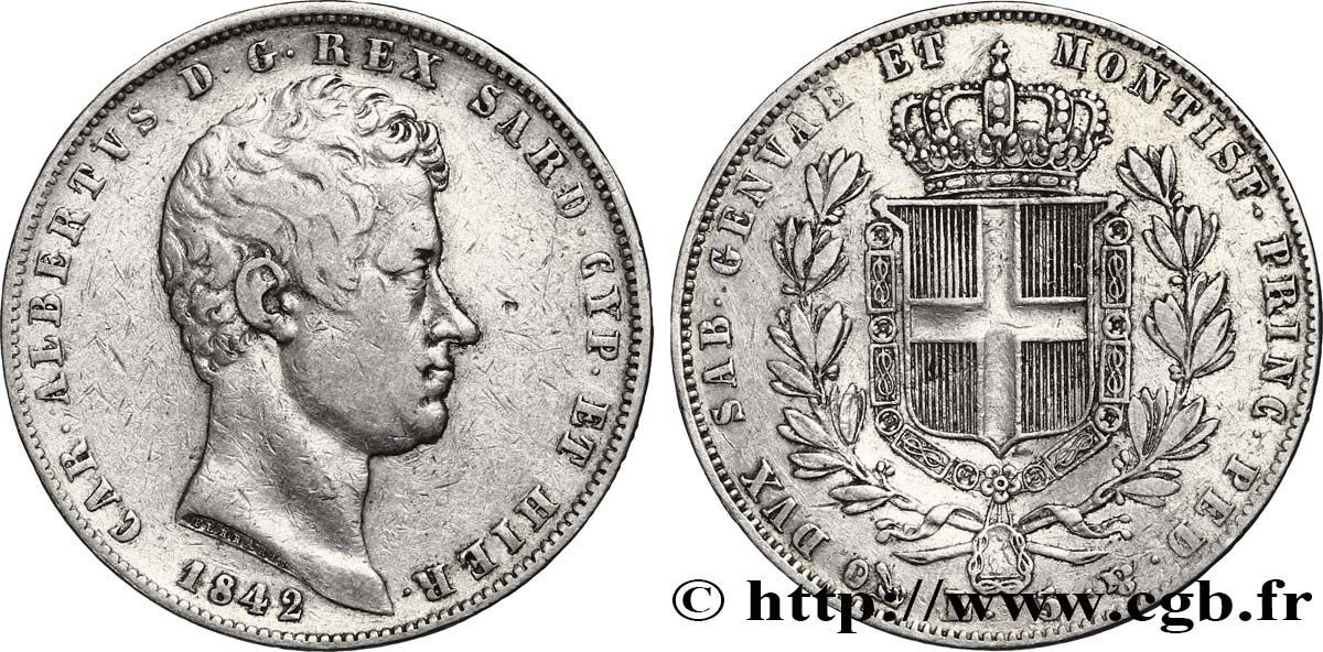 ITALY - KINGDOM OF SARDINIA 5 Lire Charles Albert, roi de Sardaigne 1842 Gênes XF 