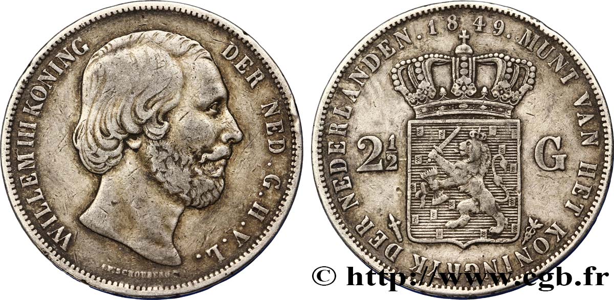PAYS-BAS 2 1/2 Gulden Guillaume III 1849 Utrecht TB+ 