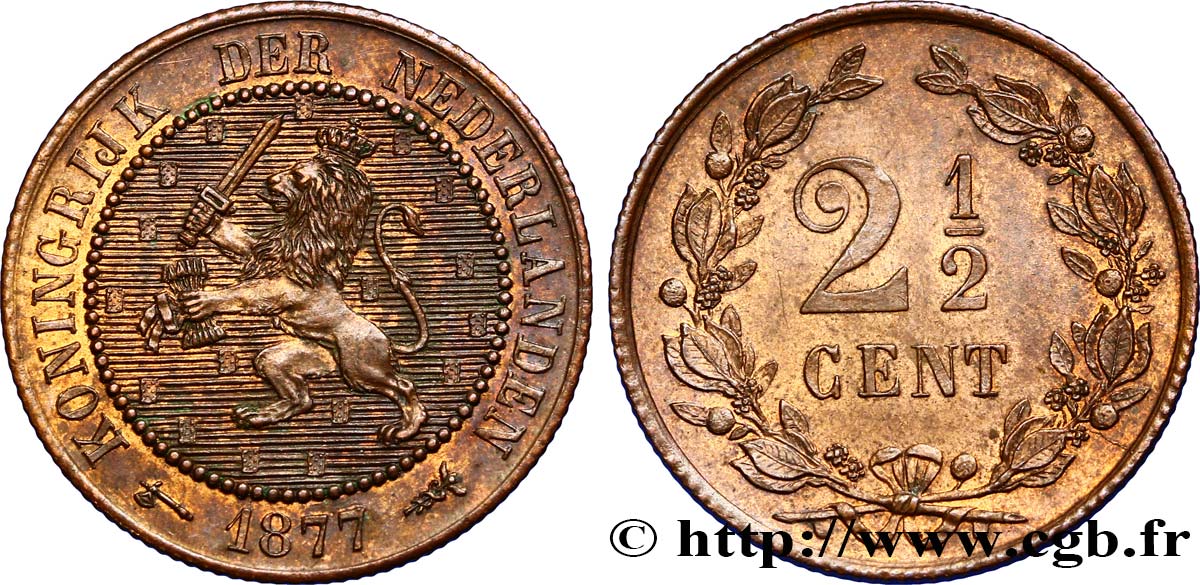 PAESI BASSI 2 1/2 Cents lion couronné 1877 Utrecht SPL+ 