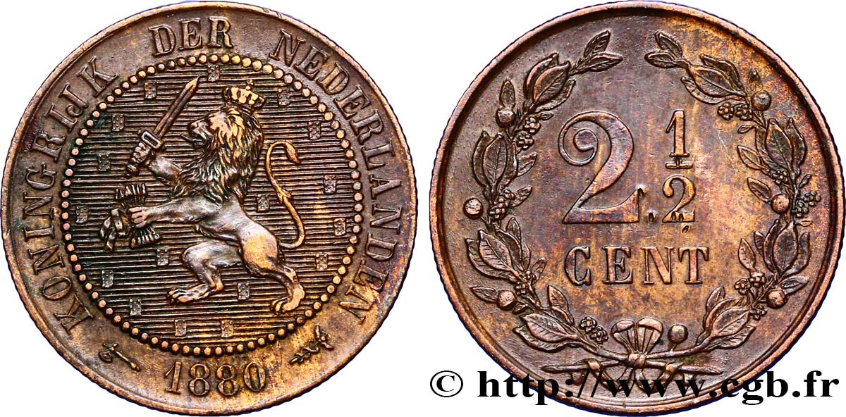 NETHERLANDS 2 1/2 Cents lion couronné 1880 Utrecht AU 