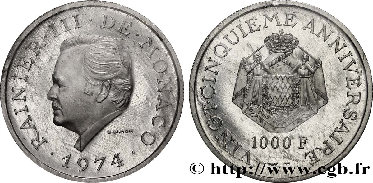 MONACO 1000 Francs proof Platine 25e anniversaire de règne de Rainier III 1974 Paris FDC 