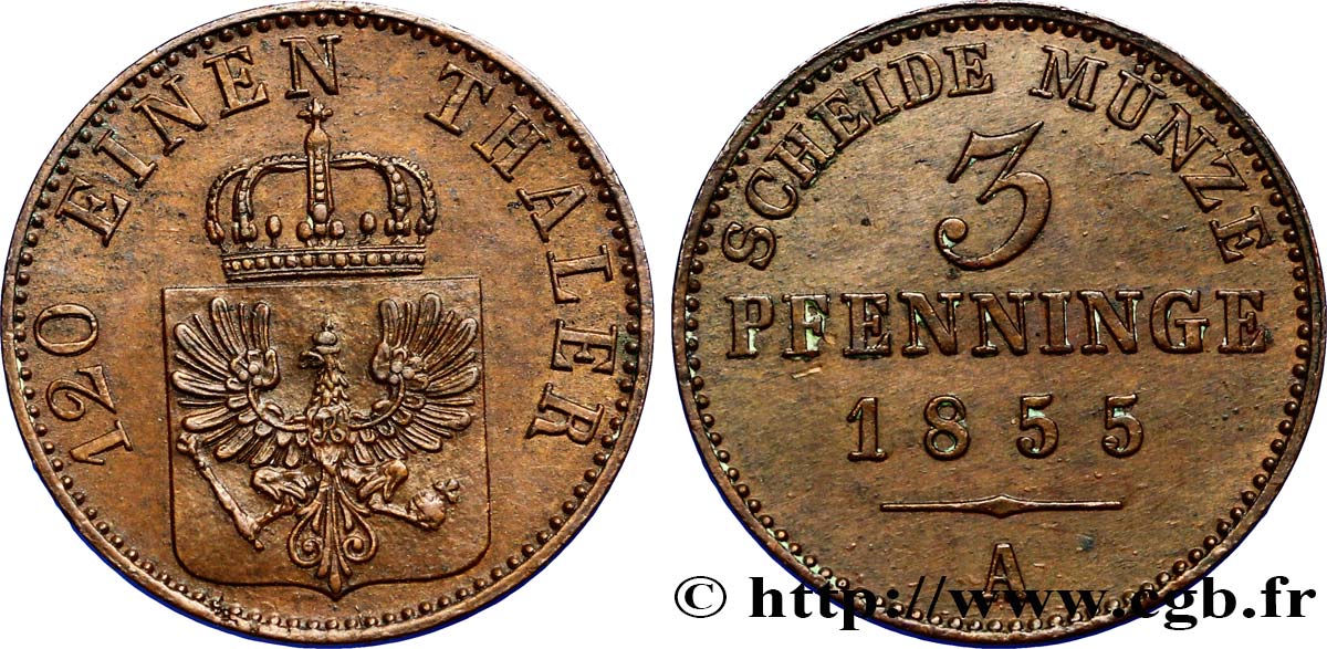 ALEMANIA - PRUSIA 3 Pfenninge Royaume de Prusse écu à l’aigle 1855 Berlin EBC 