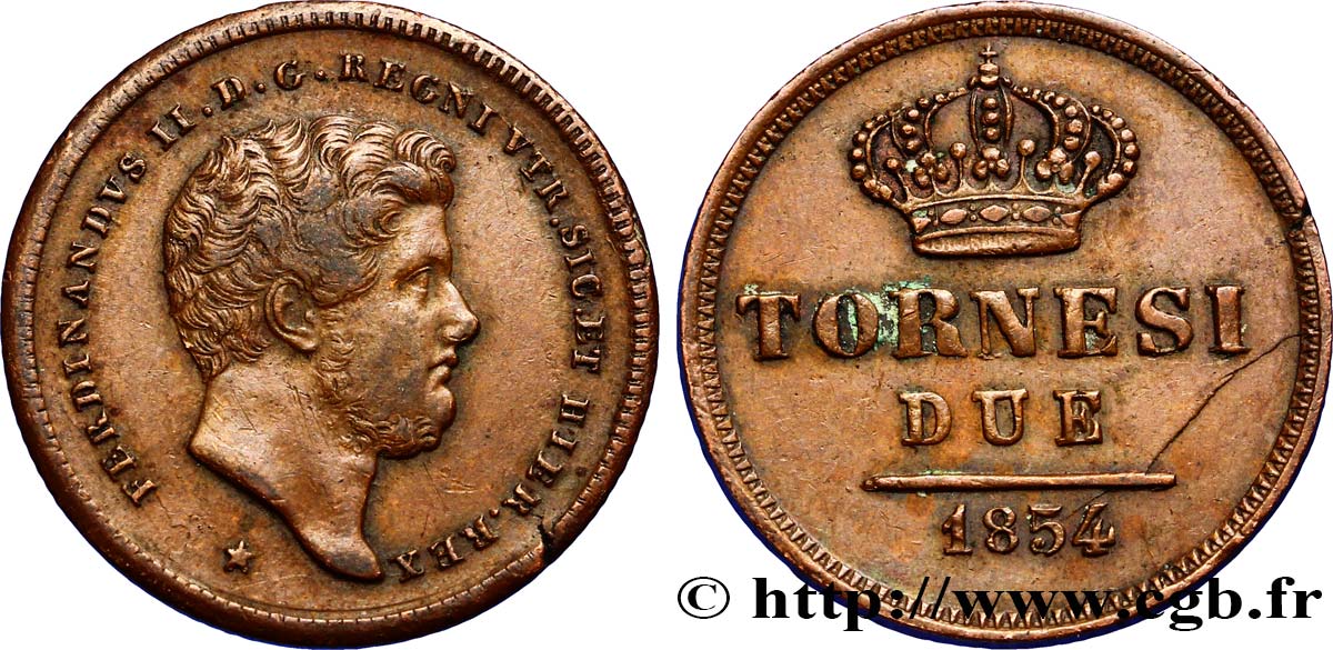 ITALIE - ROYAUME DES DEUX-SICILES 2 Tornesi Ferdinand II, roi de Naples et Sicile 1854 Naples TTB 