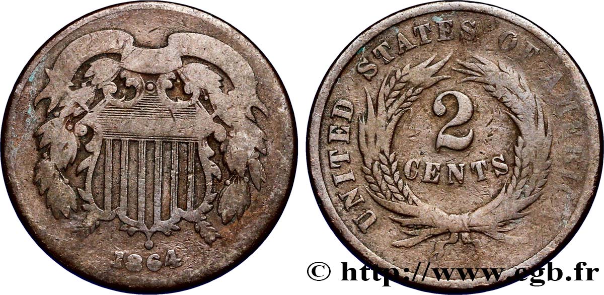 ÉTATS-UNIS D AMÉRIQUE 2 Cents 1864 Philadelphie B+ 