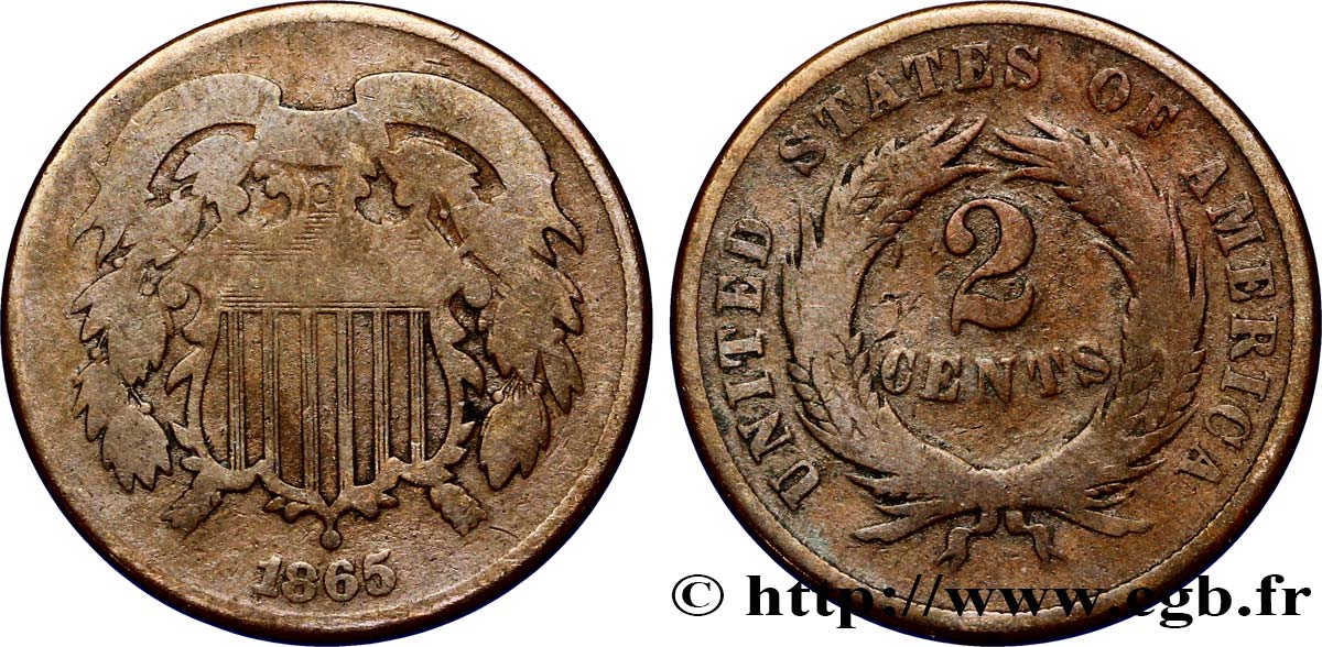 ÉTATS-UNIS D AMÉRIQUE 2 Cents Bouclier 1865 Philadelphie B+ 