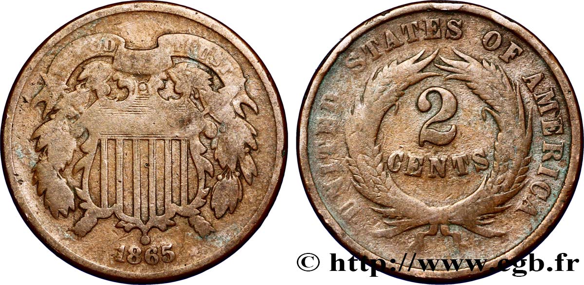 UNITED STATES OF AMERICA 2 Cents Bouclier 1865 Philadelphie F 