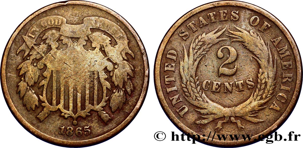 ÉTATS-UNIS D AMÉRIQUE 2 Cents Bouclier 1865 Philadelphie B+ 