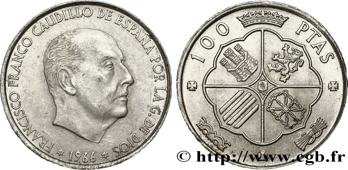 ESPAGNE 100 Pesetas Francisco Franco (1967 dans les étoiles) 1966  TTB+ 