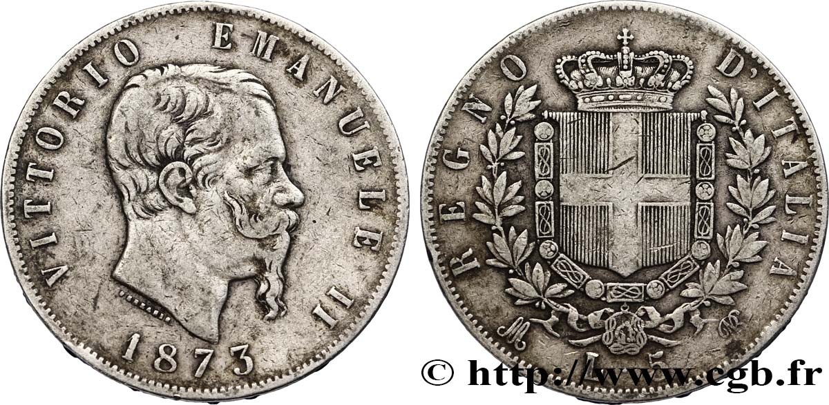 ITALIA 5 Lire Victor Emmanuel II 1873 Milan BC+ 