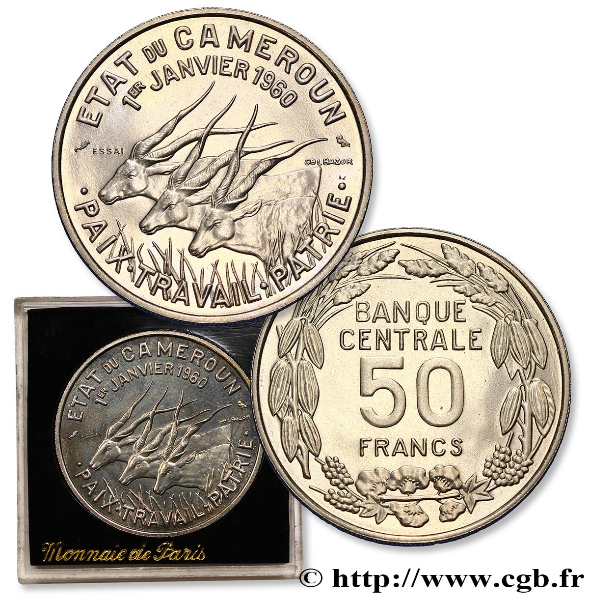 CAMEROUN Essai de 50 Francs Etat du Cameroun, commémoration de l’indépendance, antilopes 1960 Paris SPL 
