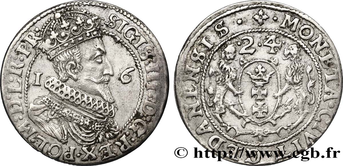 POLOGNE 1/4 de Thaler Sigismond III Vasa 1624 Dantzig TB+ 