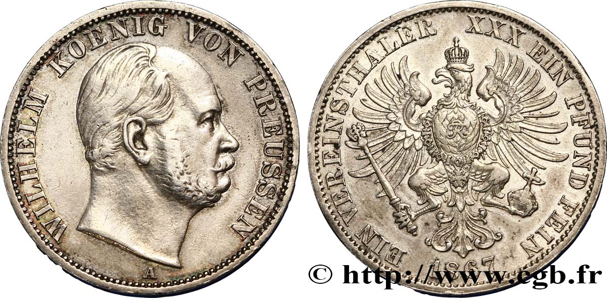 GERMANY - PRUSSIA 1 Thaler Guillaume 1867 Berlin AU 