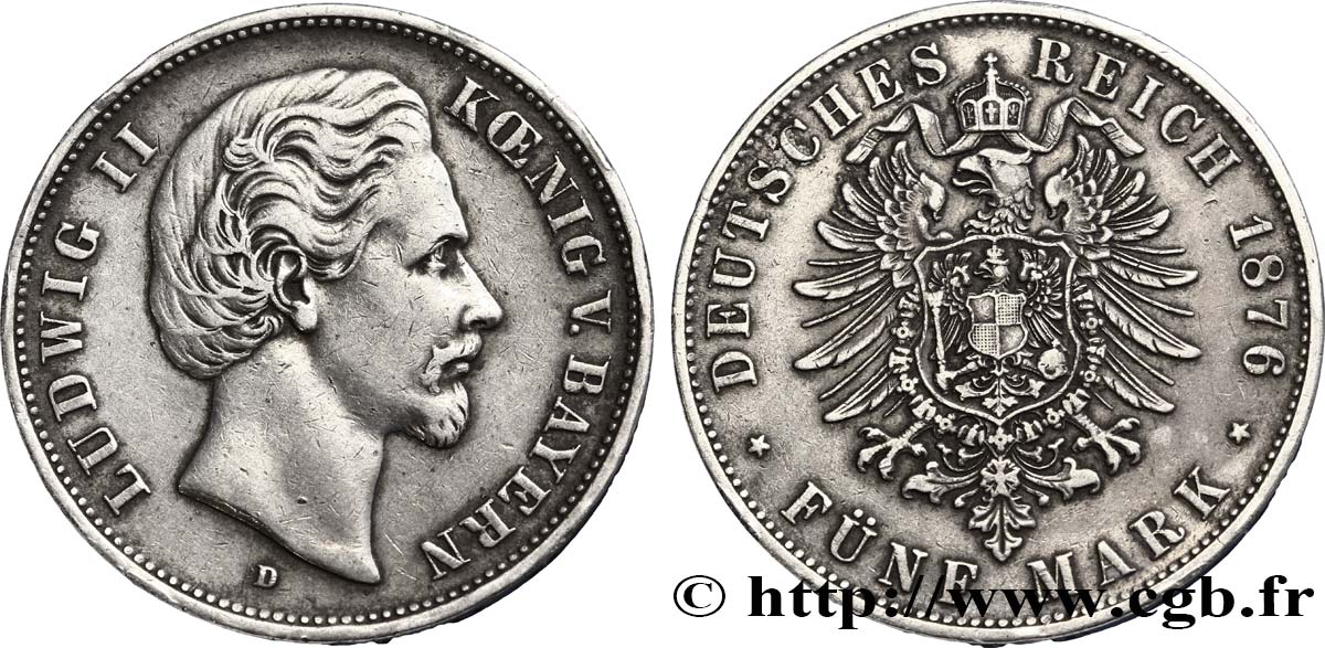 GERMANY - BAVARIA 5 Mark Louis II 1876 Munich XF 