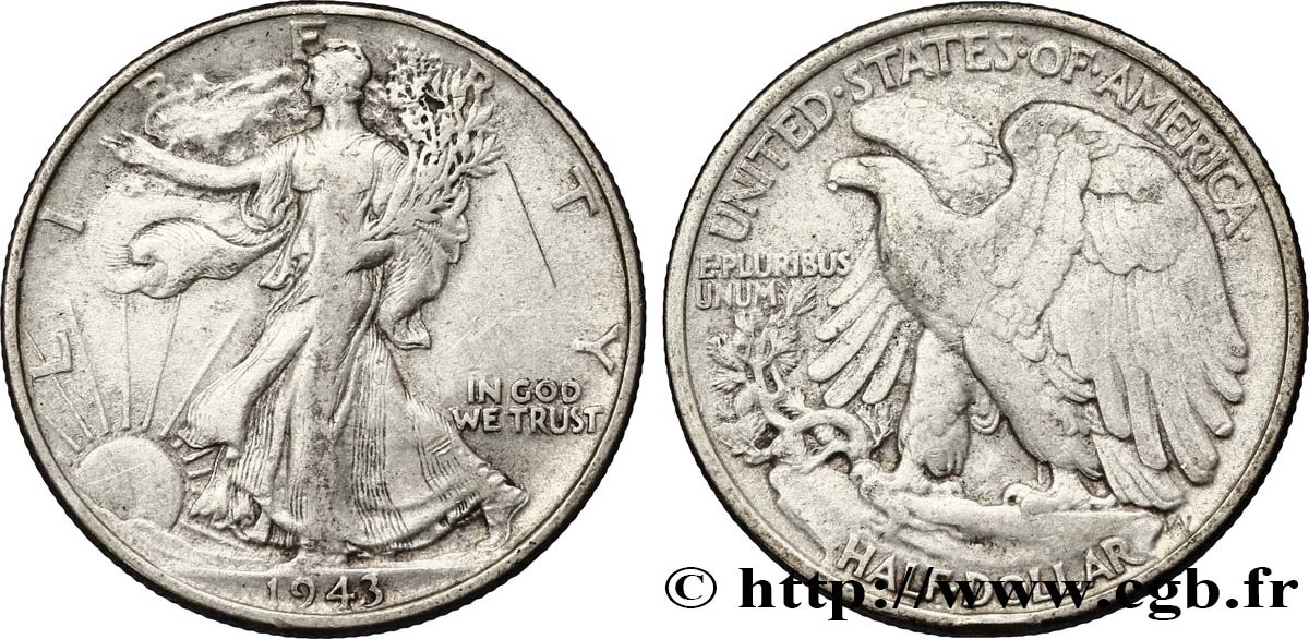 ÉTATS-UNIS D AMÉRIQUE 1/2 Dollar Walking Liberty 1943 Philadelphie TTB 