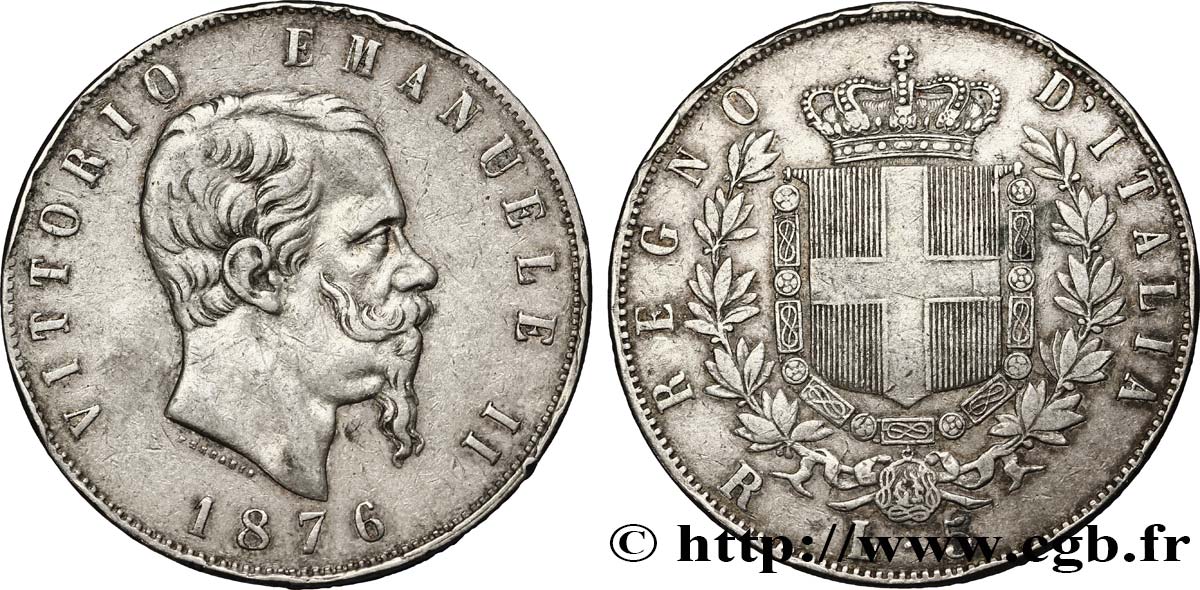 ITALIEN 5 Lire Victor Emmanuel II 1876 Rome fSS 