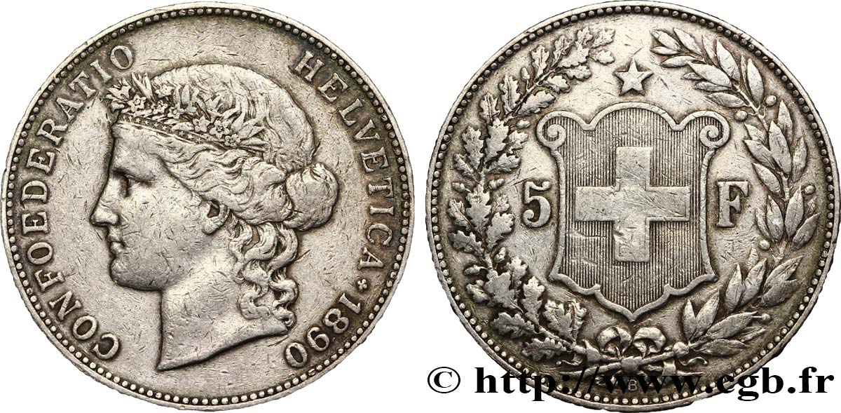 SUISSE 5 Francs Helvetia buste 1890 Berne TB+ 
