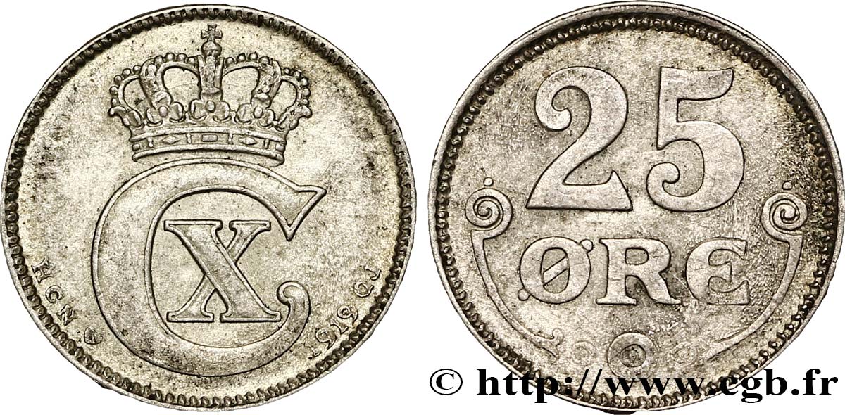DENMARK 25 Ore monogramme de Christian X roi du Danemark 1919 Copenhague AU