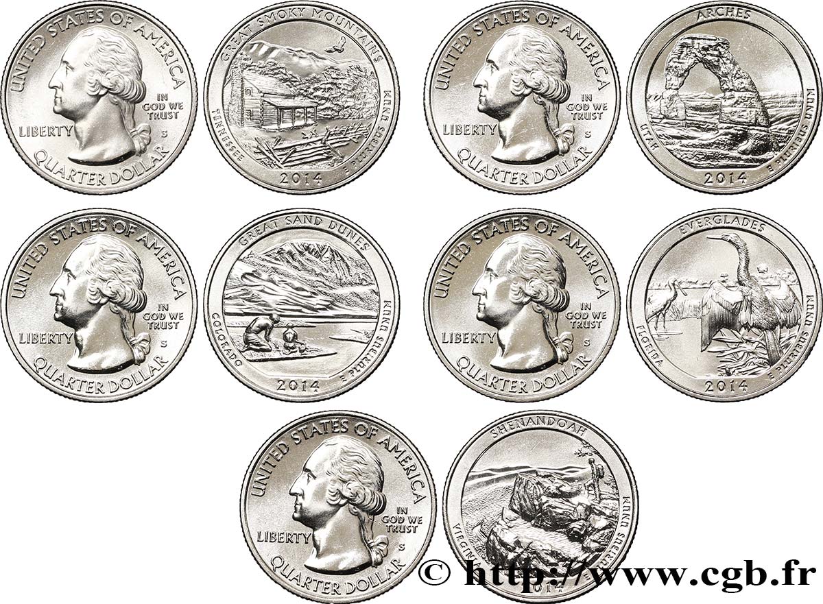 UNITED STATES OF AMERICA Série complète des 5 monnaies de 1/4 de Dollar 2014 2014 San Francisco - S MS 