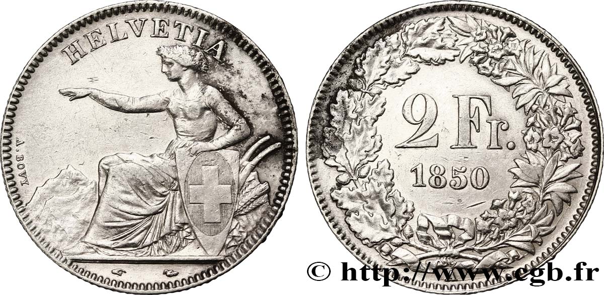 SUISSE 2 Francs Helvetia 1850 Paris TTB 