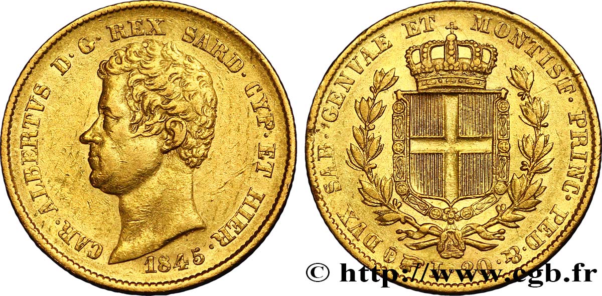 ITALY - KINGDOM OF SARDINIA 20 Lire Charles-Albert 1845 Turin XF 