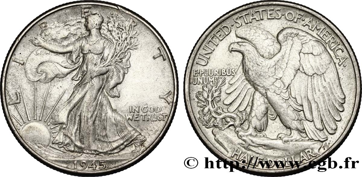ÉTATS-UNIS D AMÉRIQUE 1/2 Dollar Walking Liberty 1945 Philadelphie TTB 
