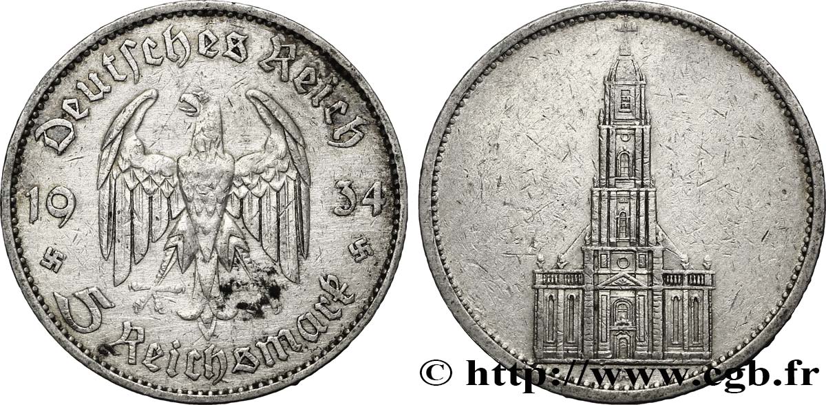 GERMANY 5 Reichsmark église de la garnison de Potsdam 1934 Berlin XF 