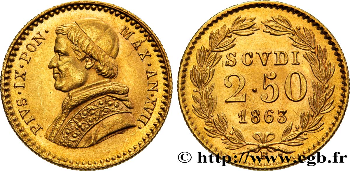ITALIA - ESTADOS PONTIFICOS - PIE IX (Giovanni Maria Mastai Ferrettii) 2 1/2 Scudi 1863 Rome SC 