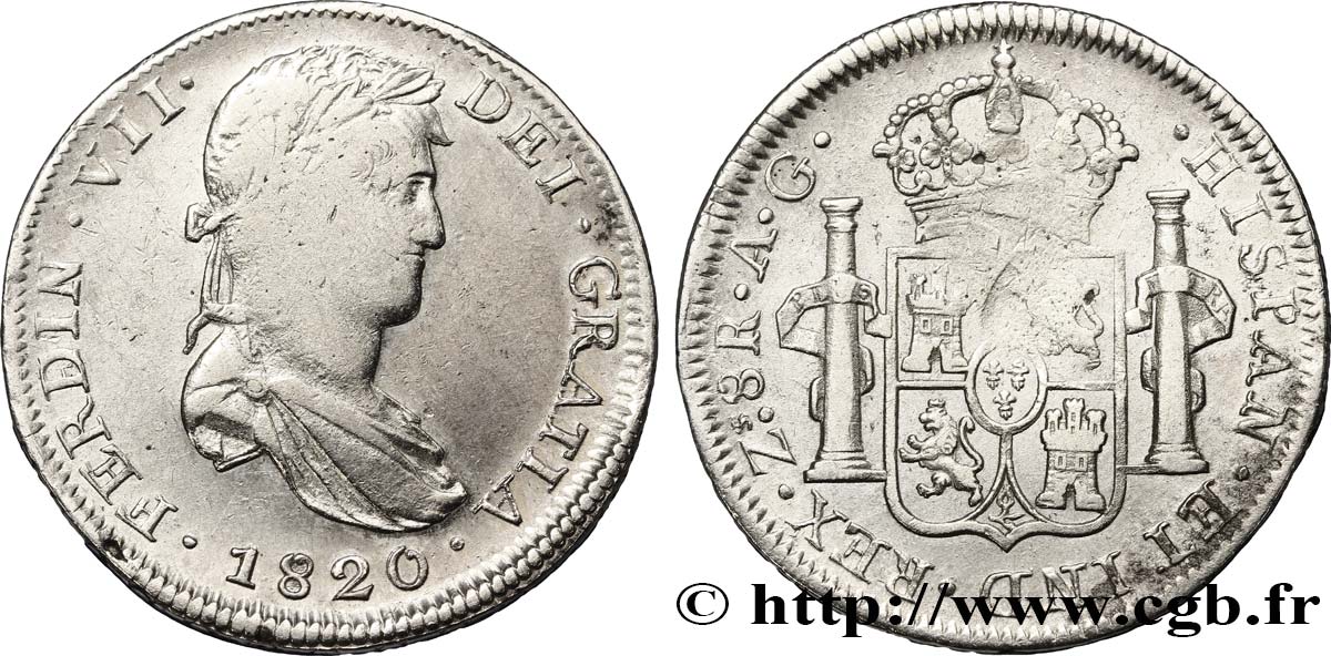MEXIQUE 8 Reales Ferdinand VII d’Espagne 1820 Zacatecas TB+ 