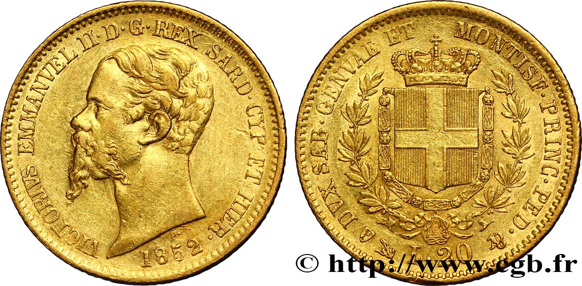 ITALIE - ROYAUME DE SARDAIGNE 20 Lire or Victor Emmanuel II 1852 Gênes TTB+ 