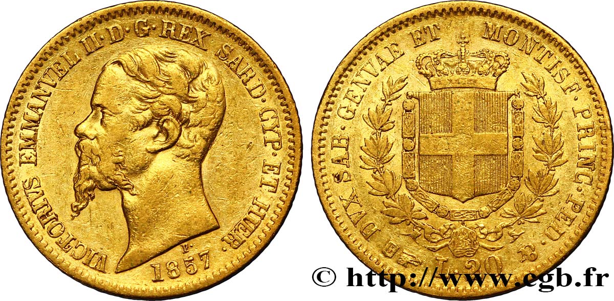 ITALY - KINGDOM OF SARDINIA 20 Lire Victor Emmanuel II 1857 Turin AU 