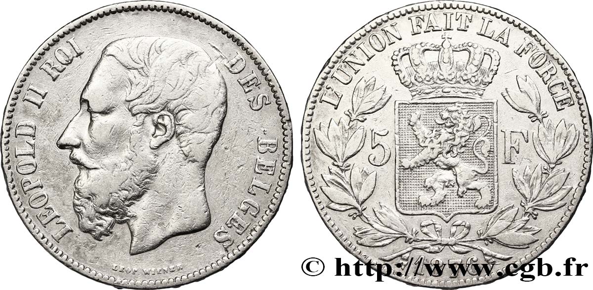 BELGIUM 5 Francs Léopold II 1876  VF 