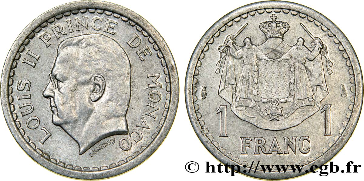 MONACO 1 Franc Louis II / armes 1943 Paris TTB+ 